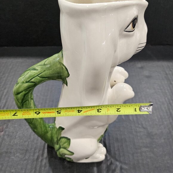 Tall Moltahedeh Rabbit Pitcher 1950s Portugal Hand Painted Bunny Green Leaf Hand - Picture 15 of 15